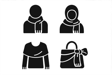 Scarf uses solid glyph icon set. Ways to wear a scarf vector collection. Fashion accessory for neck warmth, head wrap, hijab, shoulder shawl, and bag decoration concept.