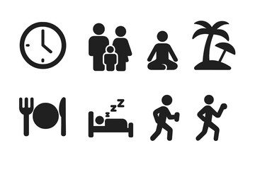 Work-Life Balance solid glyph icon set. Concept of a healthy lifestyle, wellness, daily routine. Vector symbols of time management, family, yoga, vacation, food, sleep, exercise.