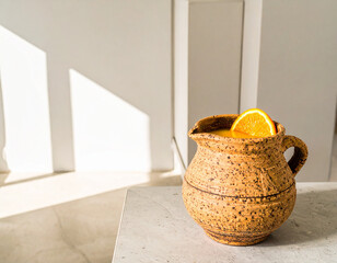 Cluster of raw clay vases with eucalyptus and dried grass, morning golden light