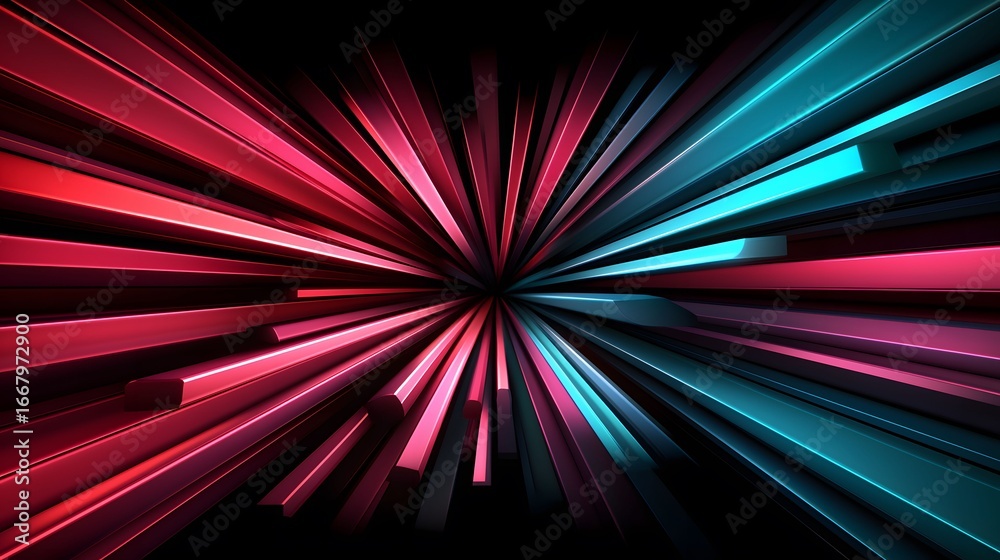 Wall mural the image features an abstract design with radiating lines in red/pink on one side and teal/blue on 