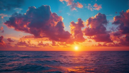 a vibrant sunset casts a warm glow across the ocean, illuminating dramatic pink and orange clouds above the rippling waves.