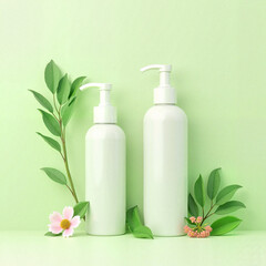 White cosmetic bottles surrounded by green leaves and flowers  