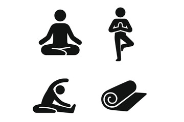 Yoga icon set. Meditation, fitness, sport. Person in lotus pose, tree pose, stretching asana. Rolled mat. Vector glyph. Wellness, health, relaxation, balance, pictogram.