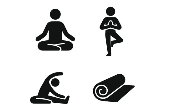 Yoga icon set. Meditation, fitness, sport. Person in lotus pose, tree pose, stretching asana. Rolled mat. Vector glyph. Wellness, health, relaxation, balance, pictogram. - Powered by Adobe