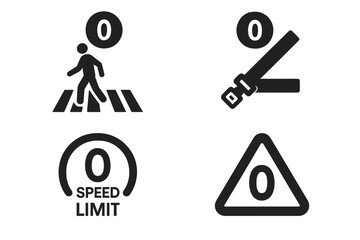 Zero accidents icon set. Road traffic safety concept. Pedestrian crosswalk, fasten seatbelt, speed limit and warning sign. Prevention campaign vector glyph pictograms collection.