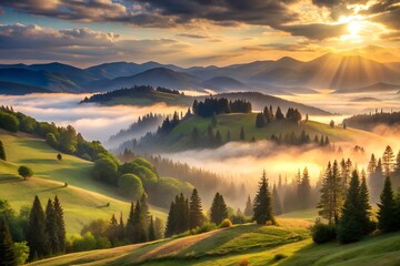 A breathtaking sunrise over a misty mountain valley, with sunlight filtering through the trees, creating a serene and idyllic landscape for travel