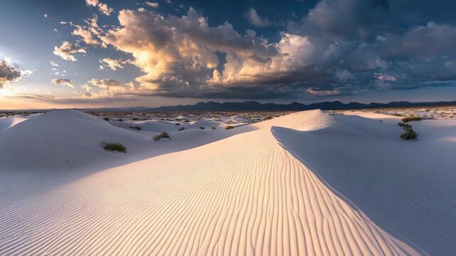 White sand dune landscape with rippled texture and mountain range under dramatic cloudy sky at sunset, showcasing serene desert nature and expansive outdoor sky scene