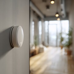 Close-up view of a realistic AI home button in a serene hallway highlighted by blurred ambient elements