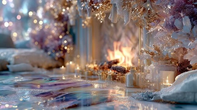 Elegant close-up of white pearl Christmas fireplace with glowing fire, delicate garlands, ornaments and festive lights. Luxury holiday decor background.