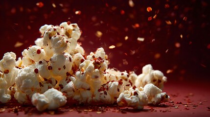 Popcorn with red pepper flakes on a deep red background, bold and spicy styling