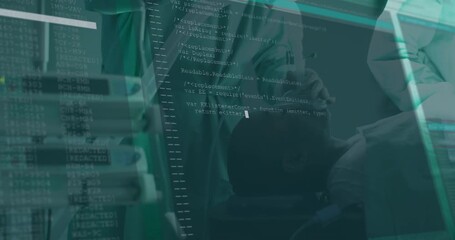 Clinician lifting mask over patient for giving anesthesia with code overlay flowing then fading - Powered by Adobe