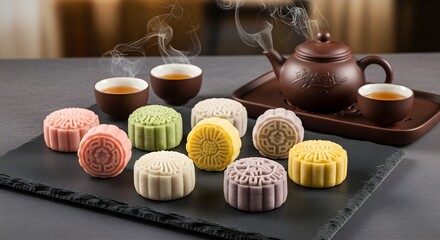 Snow skin mooncakes arranged on slate plate with tea set beside.