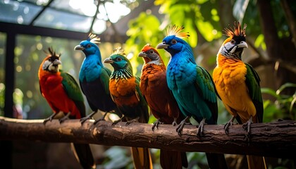 Colorful Birds Perched on Branch in Aviary