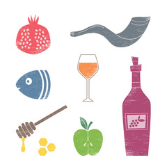 Textured minimalistic flat artwork of Jewish New Year traditions: apples with honey, pomegranate, shofar, dove and wine. Simple vector style, bright symbols of celebration and renewal