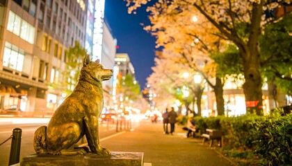 Naklejka premium Nighttime City Street Dog Statue Cherry Blossoms