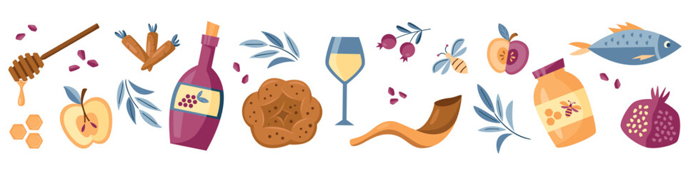 Horizontal vector background for Rosh Hashanah greeting with symbolic food. Includes honey, apple, pomegranate, and fish. Minimalist flat style, ideal for festive design