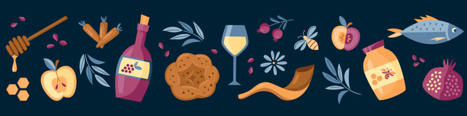 Minimalist vector seamless border for Jewish New Year celebration. Symbolic food set with honey, apples, pomegranate and wine on dark background. Modern festive background in horizontal composition