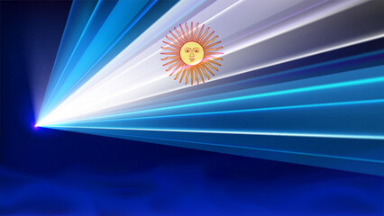 Laser flag of argentina. Laser show on dark blue background. Argentine national flag. Template of banner, poster for national patriotic holiday of argentina. Place for text. Copy space. Vector