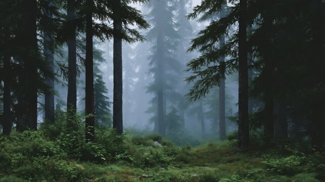 dark night forest, with tall straight tree trunks disappearing into the dim mist, dense low vegetation in rich green hues at the base, and a moist ground with subtle reflections under the faint ambien