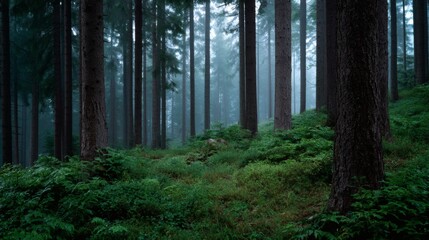 Fototapeta premium dark night forest, with tall straight tree trunks disappearing into the dim mist, dense low vegetation in rich green hues at the base, and a moist ground with subtle reflections under the faint ambien