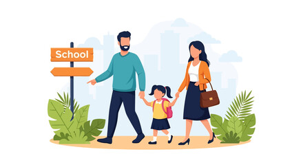 Fototapeta premium Adobe illustrator artwork vector illustration of a happy family. Father and mother taking their little daughter to school. Parents holding child's hand on the first day of school. Flat design concept.