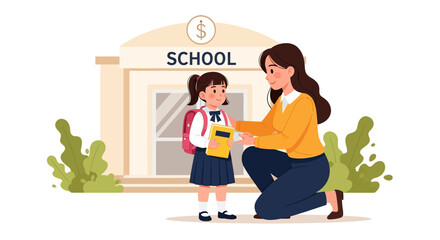 Adobe illustrator artwork vector illustration of a mother giving emotional support to her daughter on the first day of school © Amie