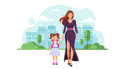 Adobe illustrator artwork vector illustration of a stylish mother walking her daughter to school, accompanied by other cheerful students near the school building