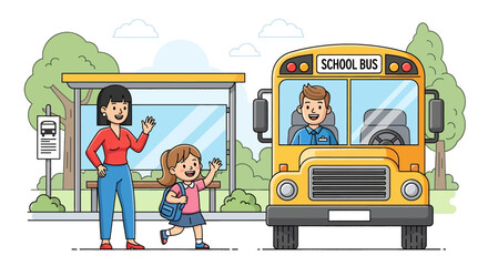 Adobe illustrator artwork vector illustration of a mother waving goodbye to her daughter who is about to board a bright yellow school bus at the bus stop © Amie