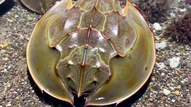 A horseshoe crab, viewed from above, resting in shallow, clear water on a sandy and pebbly shore, with seaweed visible around it