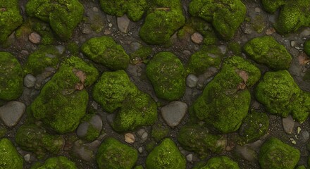 Overhead shot of stones covered in vibrant green moss scattered on the ground amidst small pebbles and soil
