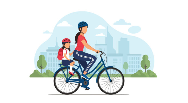 Adobe illustrator artwork vector illustration of a mother cycling with her daughter on the back, both wearing helmets, with a cityscape in the background - Powered by Adobe