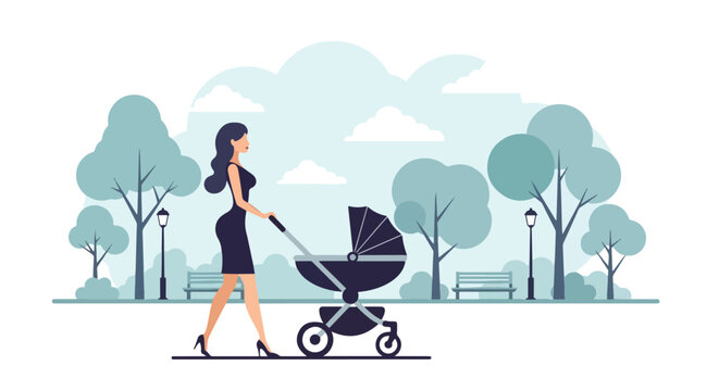 Adobe illustrator artwork vector illustration of a fashionable woman in sunglasses pushing a dark-colored baby stroller through a lush green park with trees and lampposts
