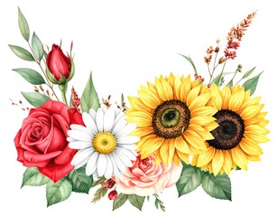 Naklejka premium Watercolor floral arrangement with roses, sunflowers, and daisies