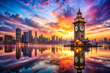 Fototapeta premium Breathtaking cityscape view with a clock tower on an island reflecting in the water during a vibrant sunset, creating a stunning urban landscape
