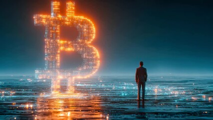 A businessman stands before a massive illuminated Bitcoin symbol on a futuristic digital landscape, symbolizing cryptocurrency and innovation