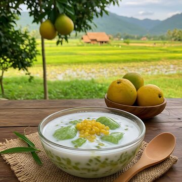 A bowl of che dau xanh (mung bean dessert) with sticky rice and coconut milk, served on a rustic table in a Mekong Delta farmhouse w