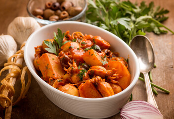 squid with tomato sauce olives and potatoes