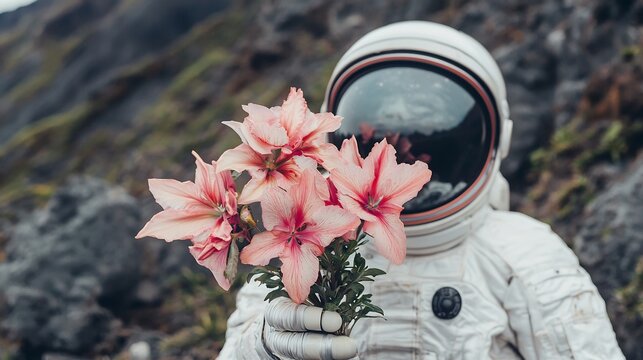 Astronaut discovering alien flower distant planet cinematic cosmic wonder