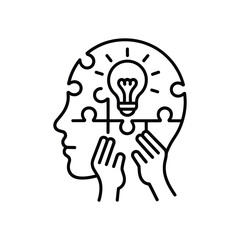 Abstract line art of a human head profile with puzzle pieces forming the brain and a glowing lightbulb symbolizing an idea