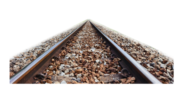 Journey's Path: A converging perspective of railway tracks stretches forward, the gravel bed adding textural detail to the scene. Evoking feelings of travel, anticipation, and the open road.