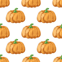 Hand drawn vintage seamless pattern of ripe pumpkin with green stem in orange color, isolated vector illustration