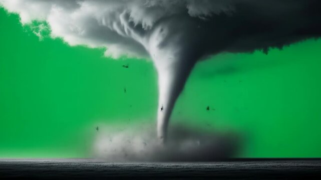A dynamic tornado swirling on a green screen over a dark ground, representing a severe weather animation or natural disaster footage.