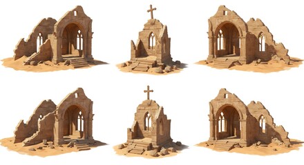 Ruined chapels in desert collection of 6 artistic illustrations