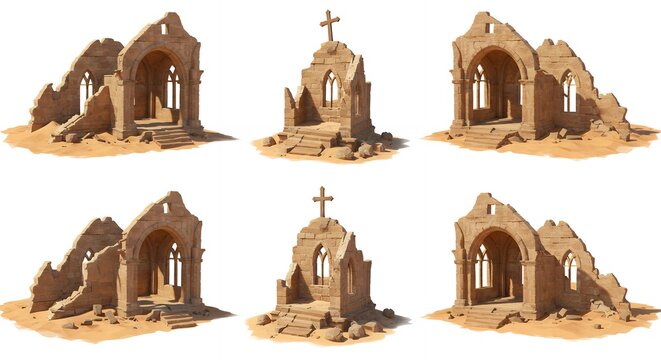 Ruined chapels in desert collection of 6 artistic illustrations
