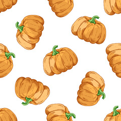Hand drawn vintage seamless pattern of ripe pumpkin with green stem in orange color, isolated vector illustration