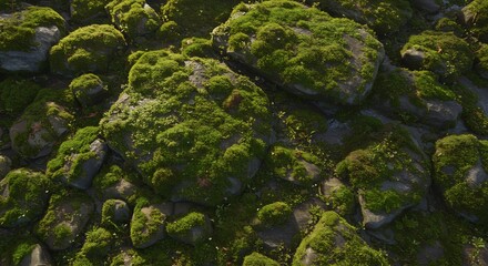 Overhead view of irregular grey stones densely covered in vibrant green moss Sunlight casts shadows on the surface