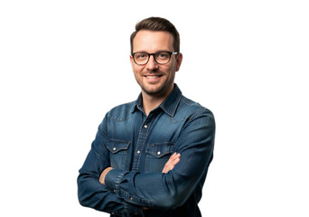 Fototapeta premium Photo of handsome man with glasses and denim shirt isolated on transparent background