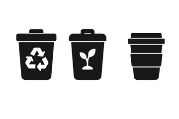 Eco-friendly icon set for sustainable living. Recycling bin, compost, and reusable cup icons. Zero waste, green event, and circular economy concept. Solid glyph vector.