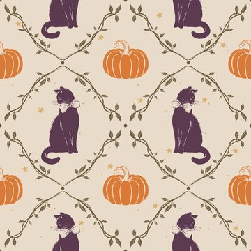 Vintage Halloween Seamless Pattern with Black Cat, Pumpkin and Autumn Vines &ndash; Retro Spooky Fall Design