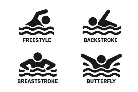 Swimming styles icon set. Competitive swim strokes: freestyle, backstroke, breaststroke, butterfly. Water sport pictogram. Athlete silhouette in water. Vector illustration.